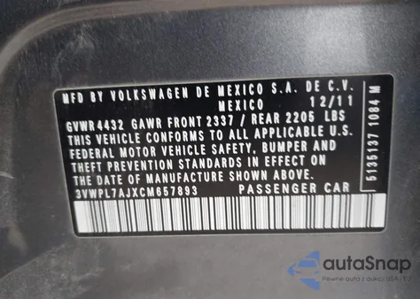 2012 Volkswagen Jetta Sportwagen 2.0L Tdi из США, поврежденный, VIN 3VWPL7AJXCM657893